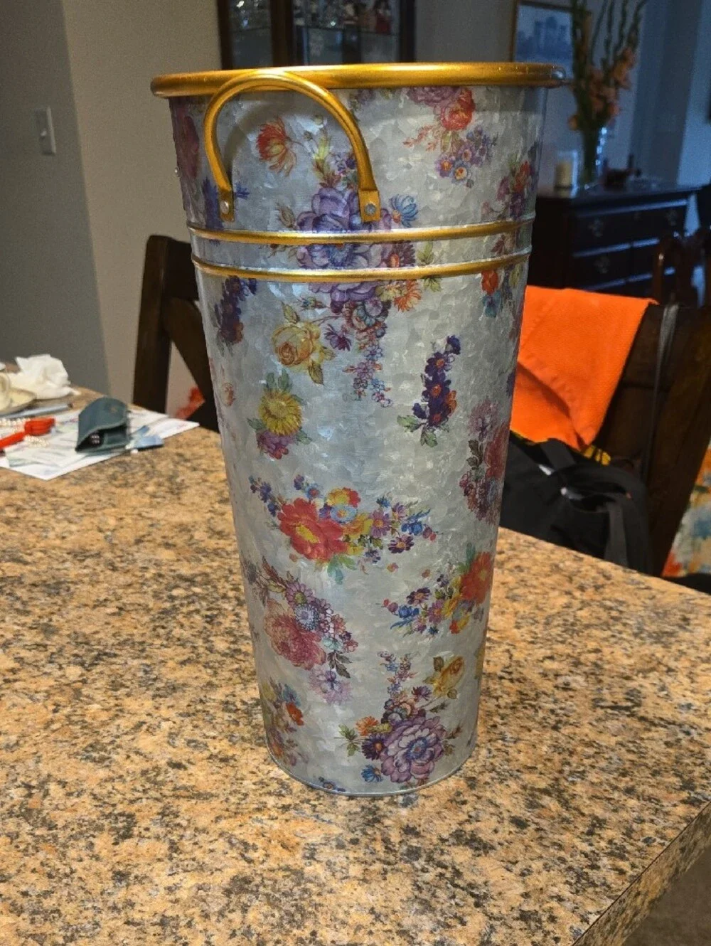 MacKenzie-Childs Floral Metal Umbrella Vase with Gold Trim